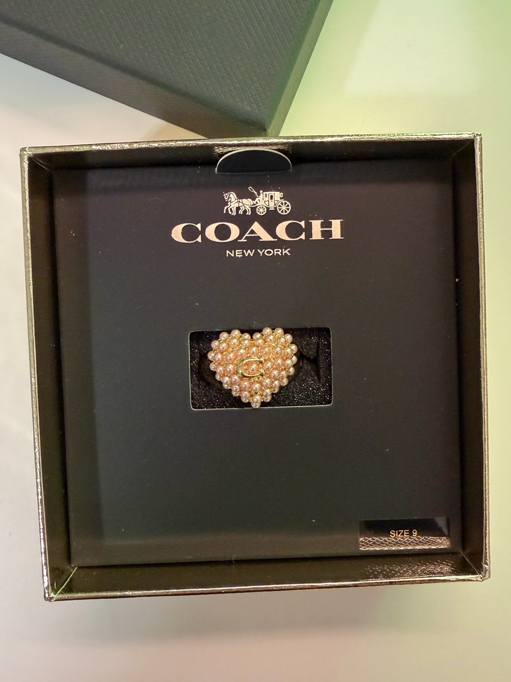 Coach Gold Pearl Heart Puff Ring Size 9